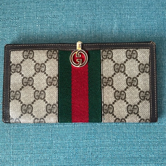 Gucci GG Monogram Long Wallet with Red and Green Stripe, Vintage - Picture 1 of 14